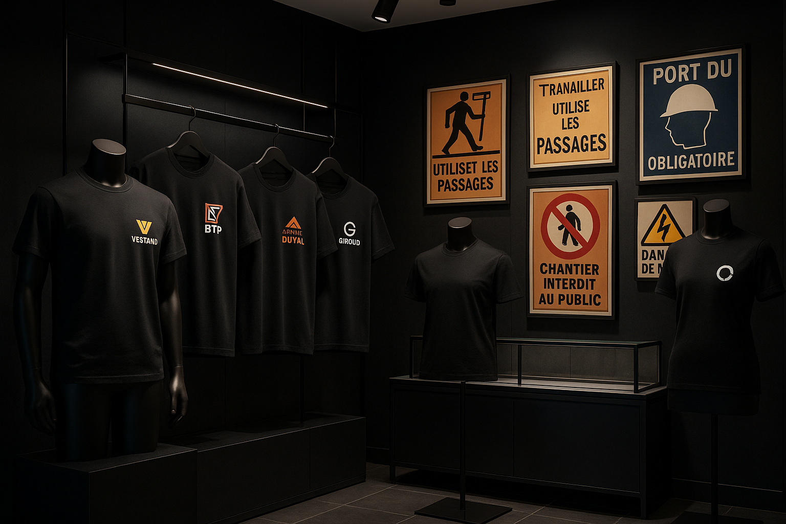 jai besoin d'une image quon voit des t shirt imprimer (votre logo) sur le coeur. des affiche de chantier (en francais) et que ca sois dans une sale de montre vraiment chics et moderne et sombre. 